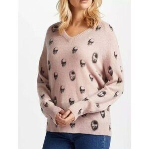 NWT 360 CASHMERE Pink/Grey Skull Sweater Size Large